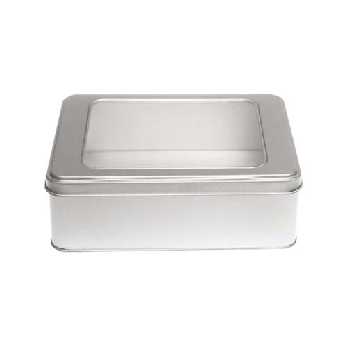 Boîte argentée en fer blanc couvercle à fenêtre 16.5 cm au comptoir des boites
