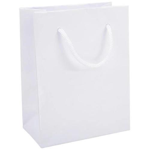 Sac luxe en carton blanc brillant personnalisable avec cordon tissu (11.4 x 14.6 x 6.3 cm)