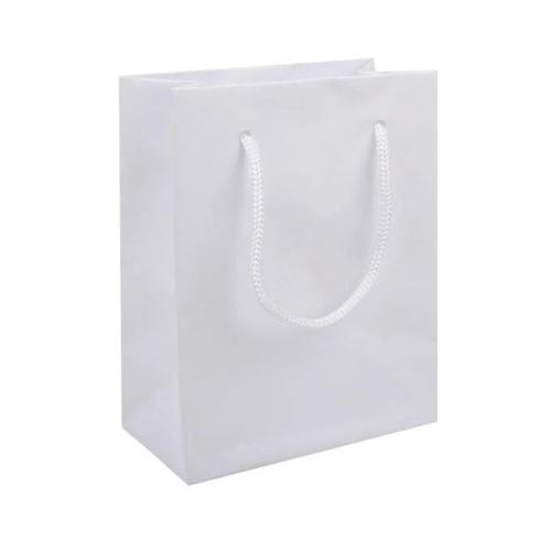 Sac luxe en carton blanc mat personnalisable avec cordon tissu (11.4 x 14.6 x 6.3 cm)